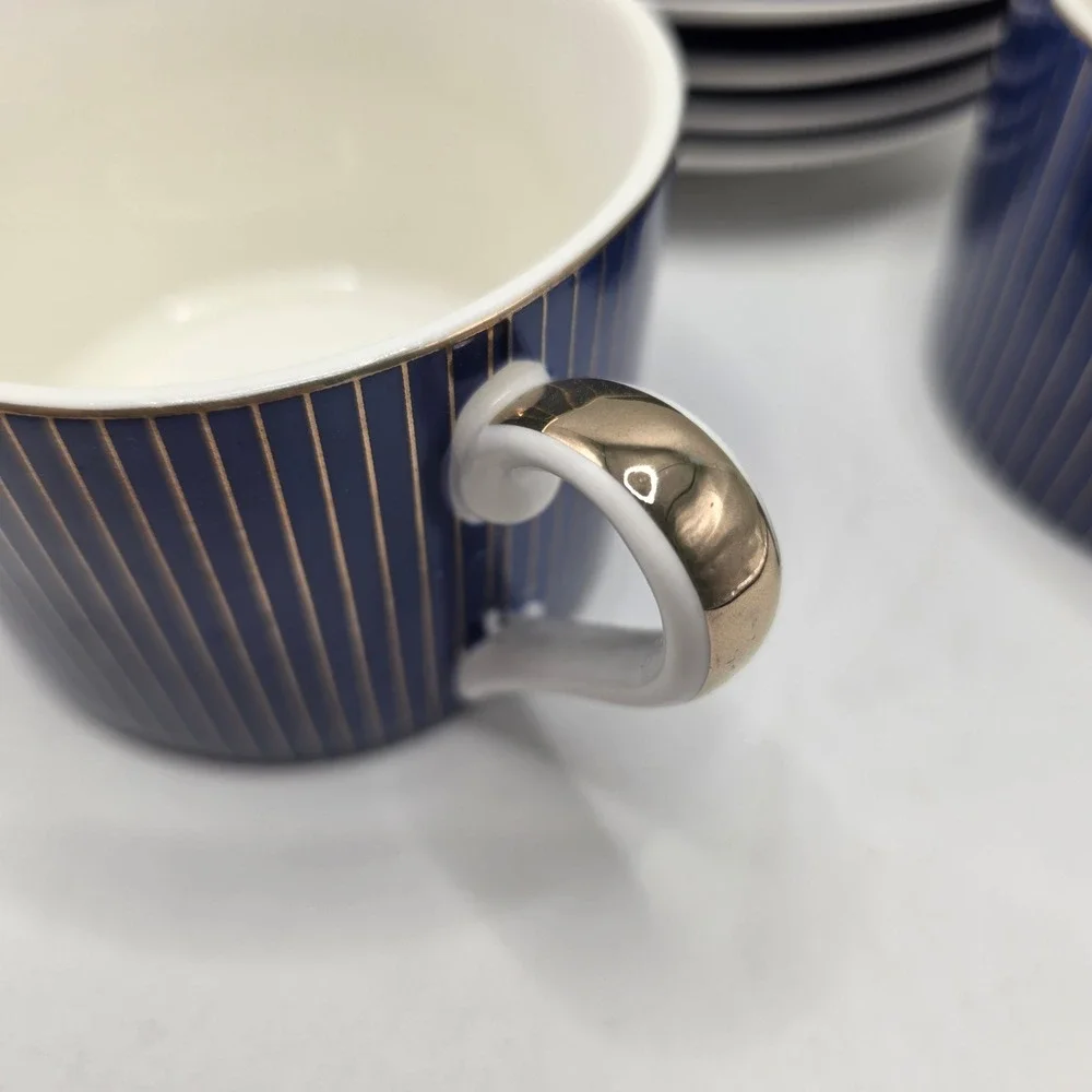 Cobalt Blue‎ Gold Pinstripe Tea Cup & Saucer Set 4 Fine Porcelain Tea Party